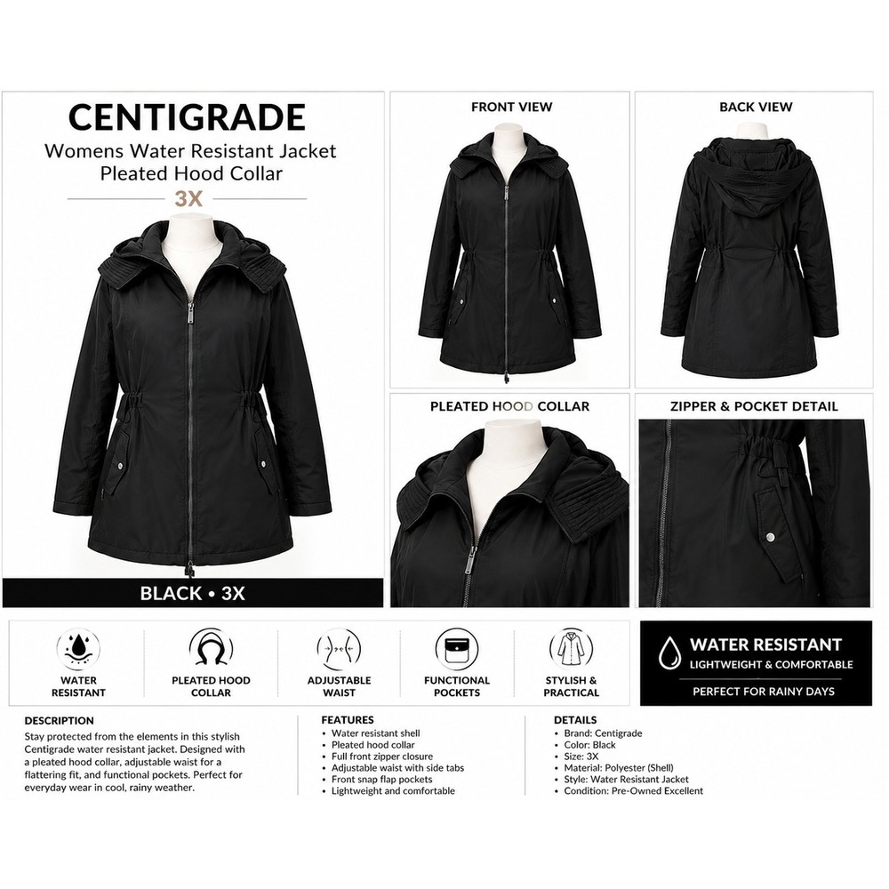 Centigrade Womens 3X Black Water Resistant Jacket Pleated Hood Drawstring NWT